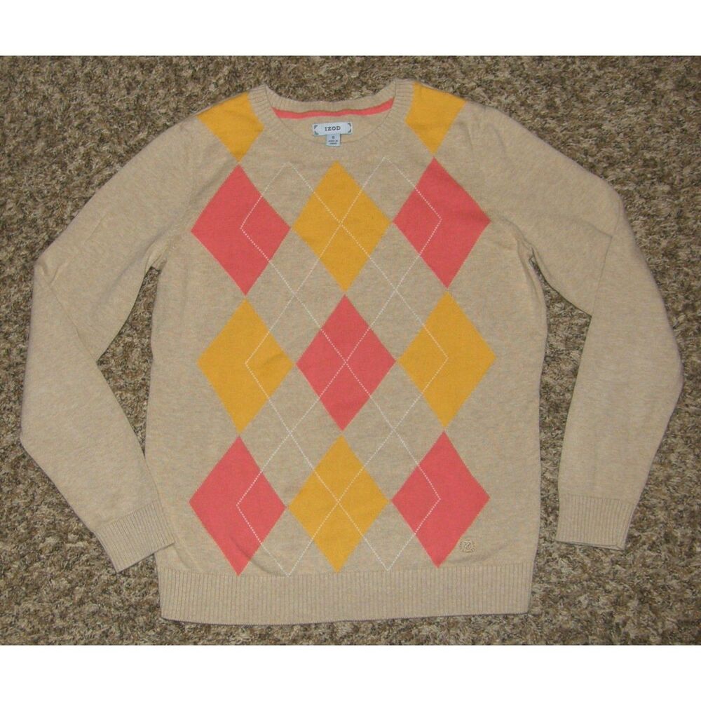 IZOD Preppy Argyle Sz Small Tan Lightweight Cotton Pullover Crew Neck Sweater